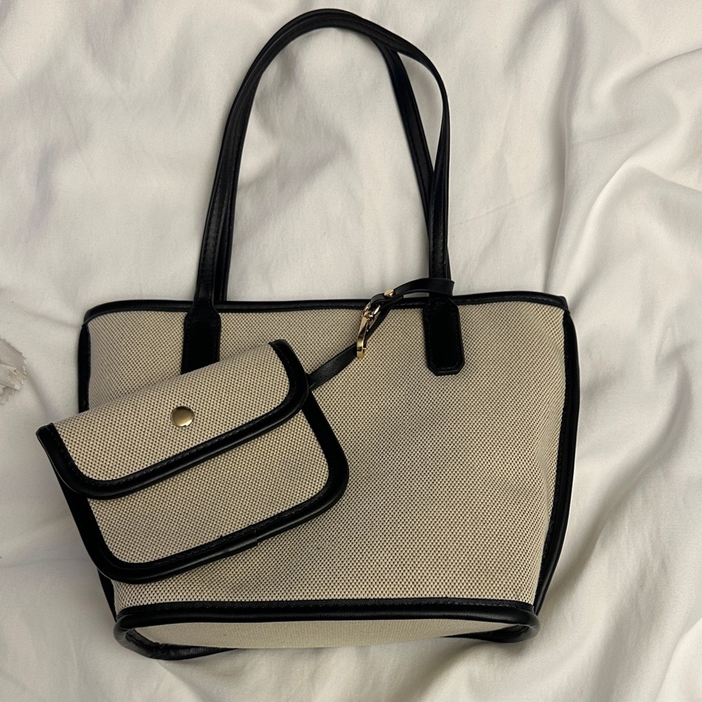 Two-Tone Cream Canvas Tote with Black Trim and Removable Pouch